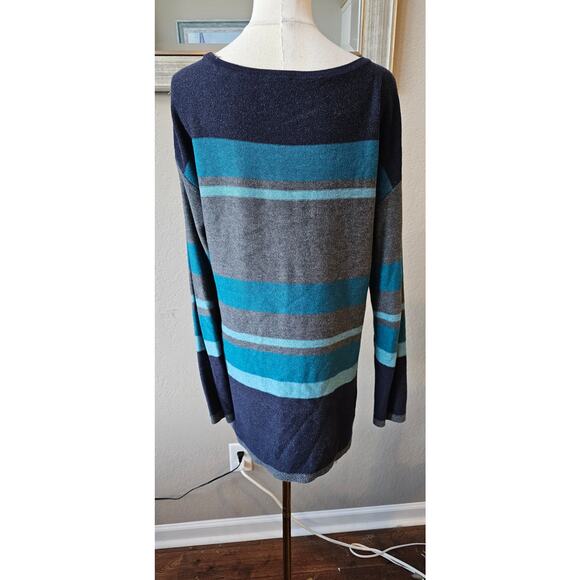Talbots Cotton Teal Navy Striped Tunic Sweater Hi Low Soft Women Medium - Picture 4 of 6